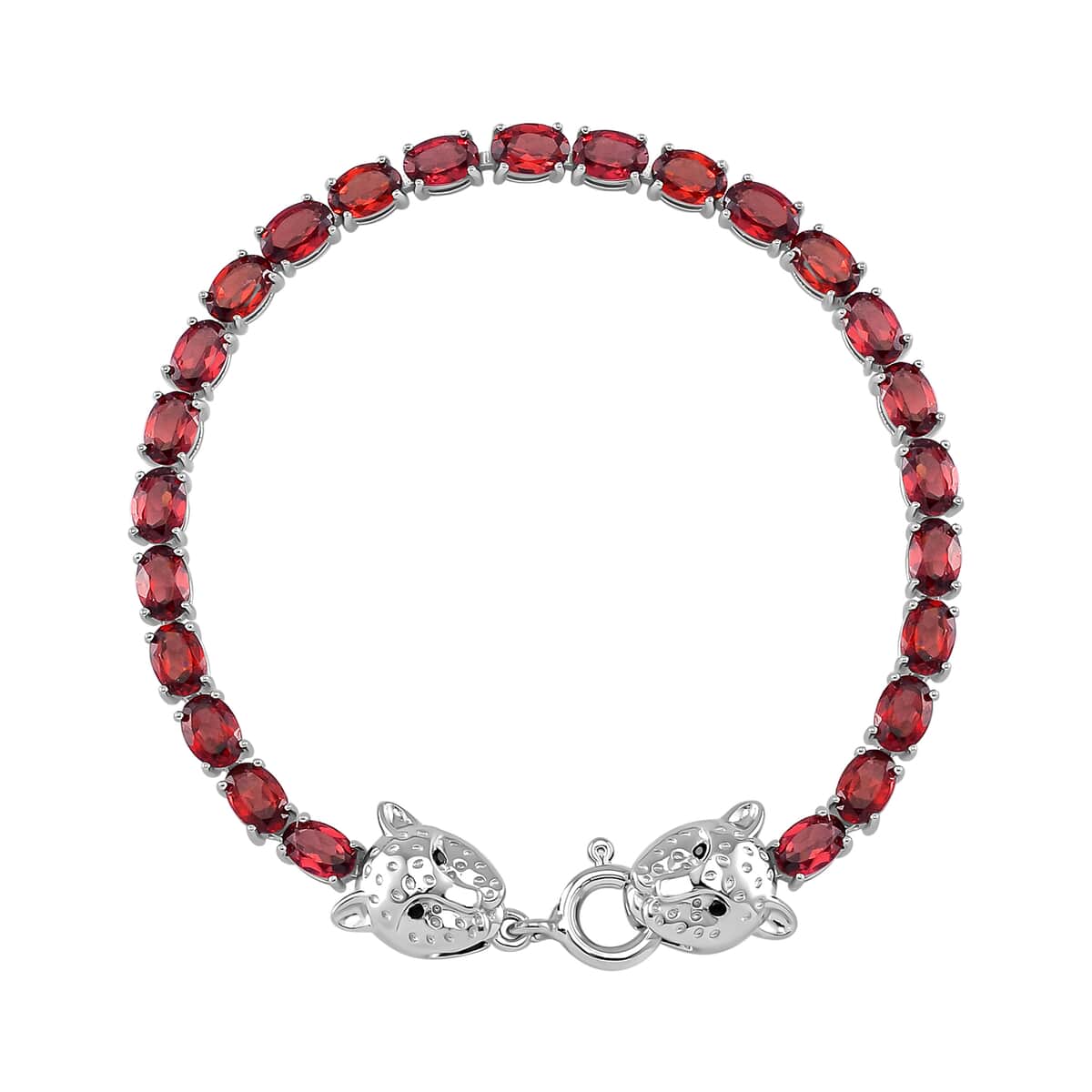 Tanzanian Wine Garnet and Thai Black Spinel 15.60 ctw Double Leopard Head Bracelet in Rhodium Over Sterling Silver (8.00 In) image number 0