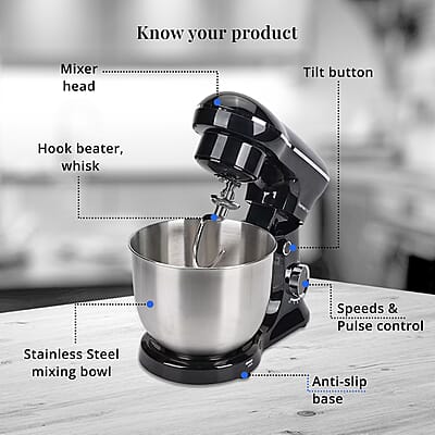 Homesmart Stand Mixer with Dough Hook, Beater, Egg Whisk Stainless Steel Bowl- Black