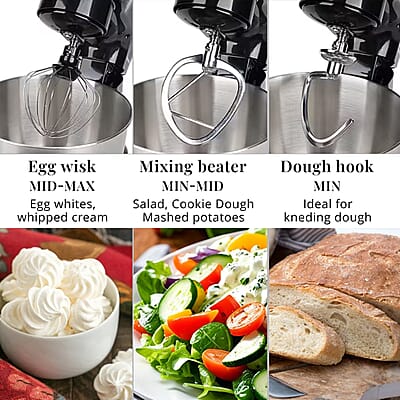 Homesmart Stand Mixer with Dough Hook, Beater, Egg Whisk Stainless Steel Bowl- Black