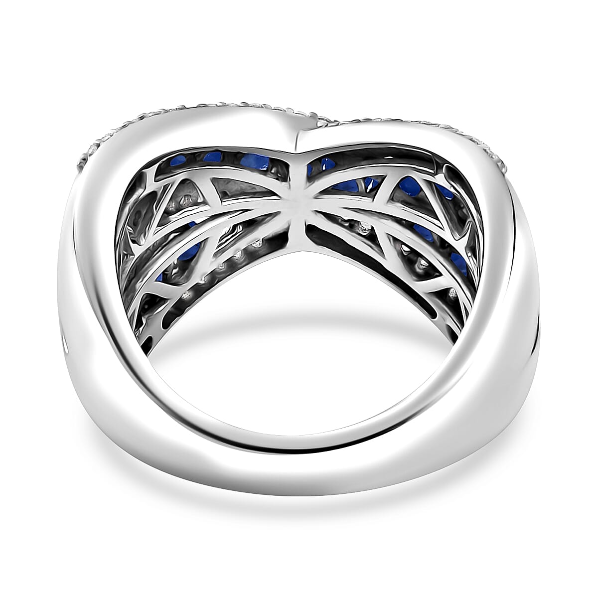Premium Ceylon Blue Sapphire and White Zircon Criss Cross Ring in Rhodium Over Sterling Silver (Size 6.0) 2.15 ctw image number 4