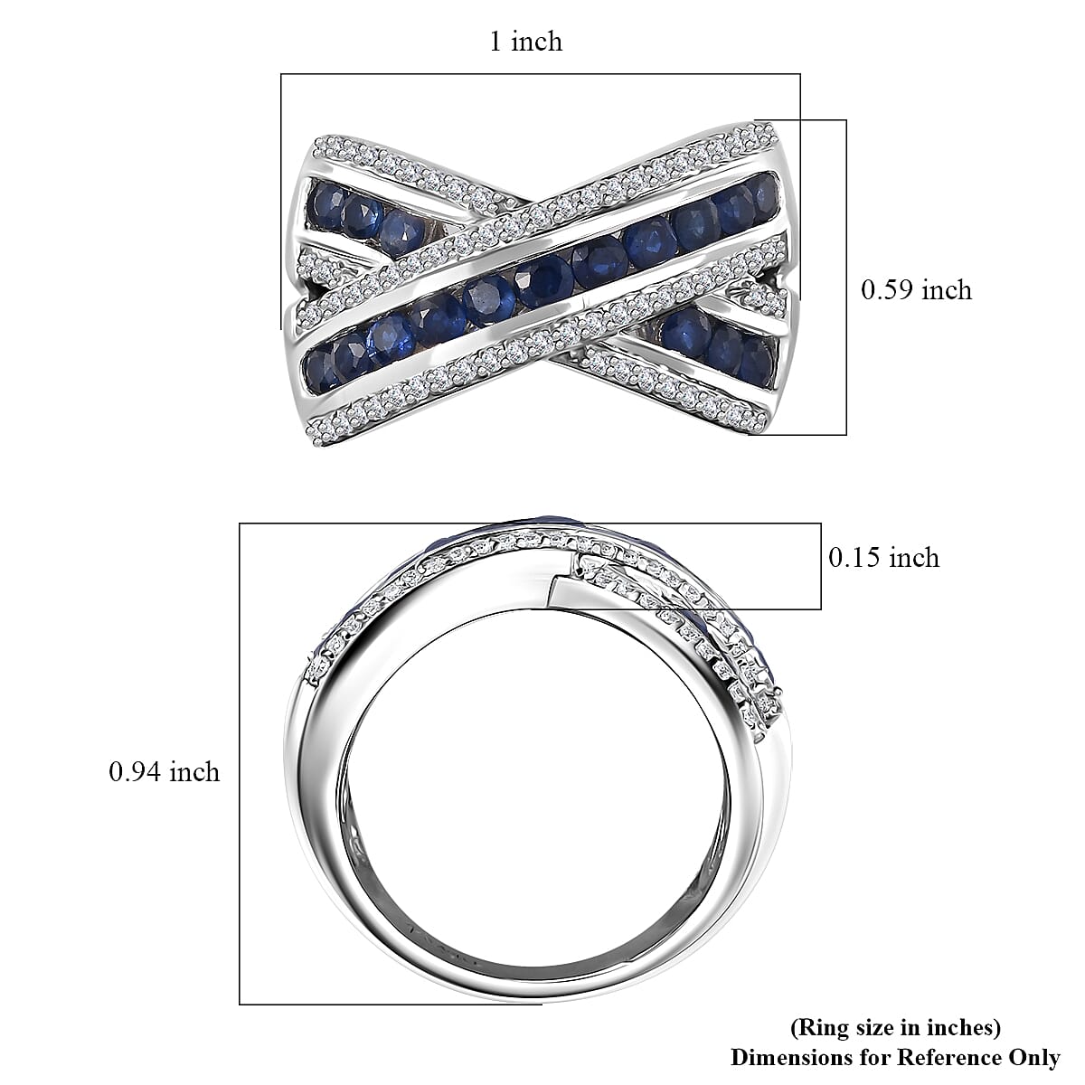 Premium Ceylon Blue Sapphire and White Zircon Criss Cross Ring in Rhodium Over Sterling Silver (Size 6.0) 2.15 ctw image number 5