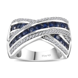 Premium Ceylon Blue Sapphire and White Zircon Criss Cross Ring in Rhodium Over Sterling Silver (Size 7.0) 2.15 ctw