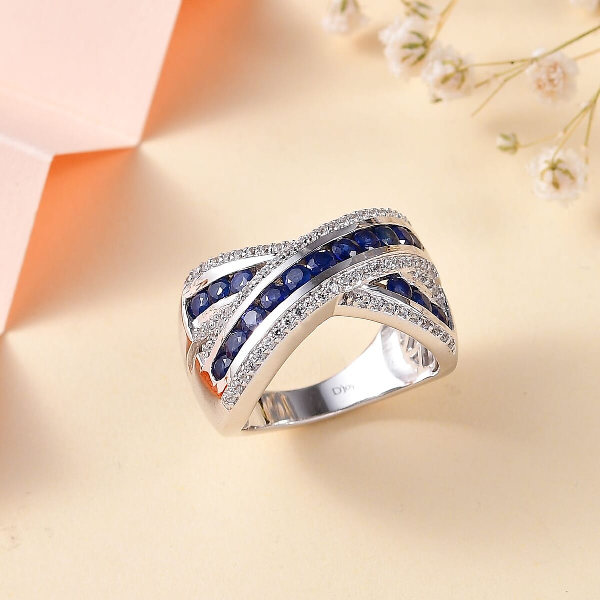 Premium Ceylon Blue Sapphire and White Zircon Criss Cross Ring in Rhodium Over Sterling Silver (Size 7.0) 2.15 ctw image number 1