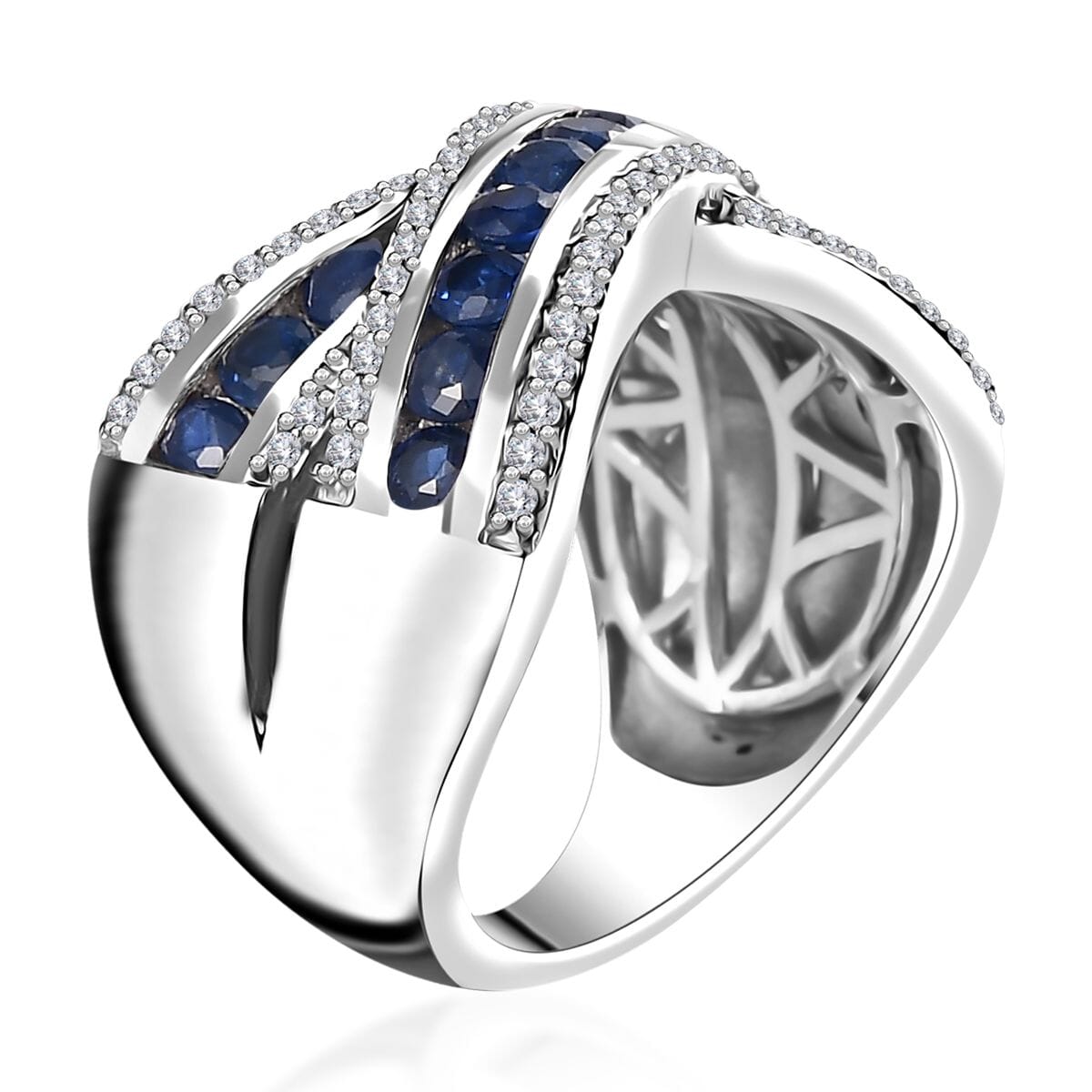 Premium Ceylon Blue Sapphire and White Zircon Criss Cross Ring in Rhodium Over Sterling Silver (Size 7.0) 2.15 ctw image number 3