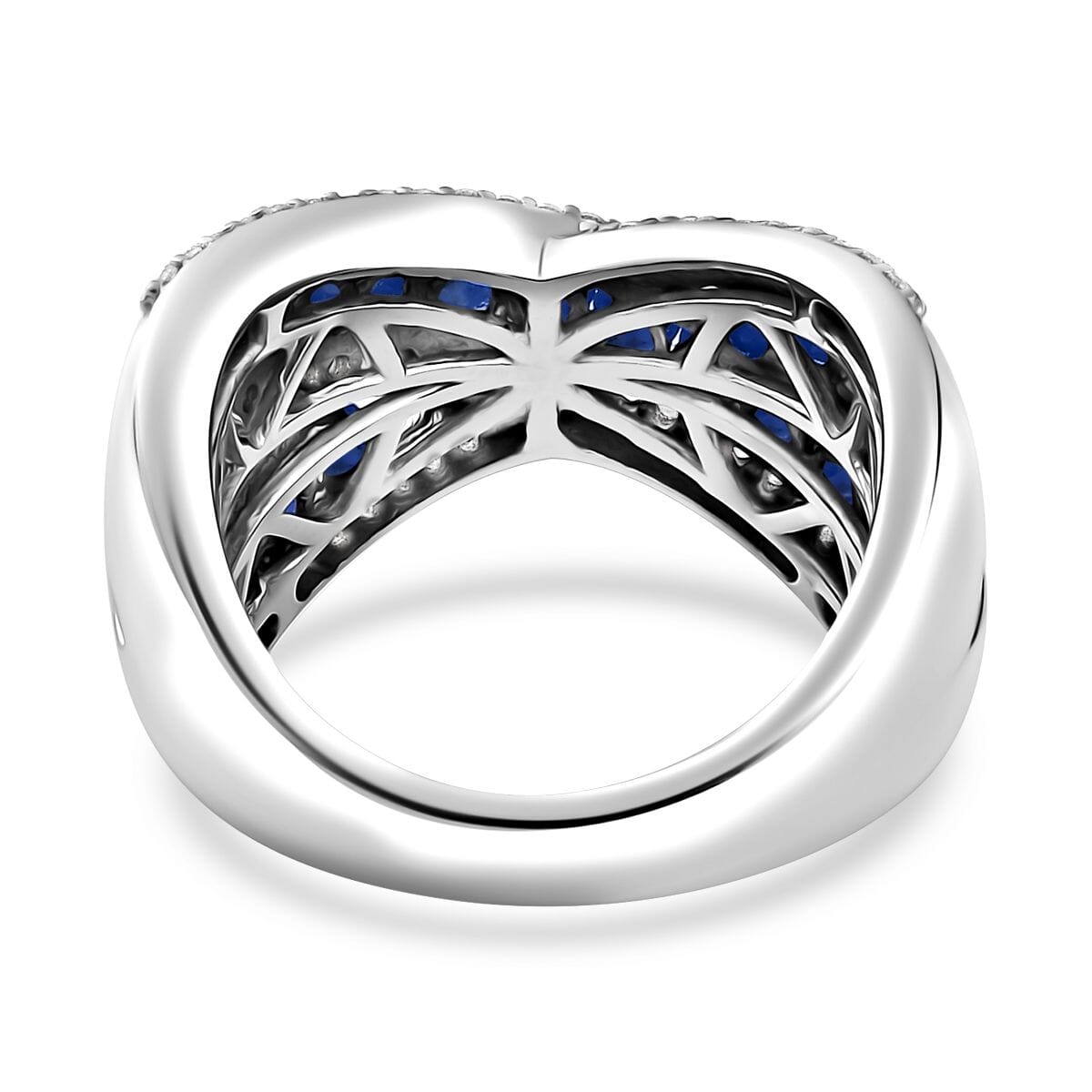 Premium Ceylon Blue Sapphire and White Zircon Criss Cross Ring in Rhodium Over Sterling Silver (Size 7.0) 2.15 ctw image number 4