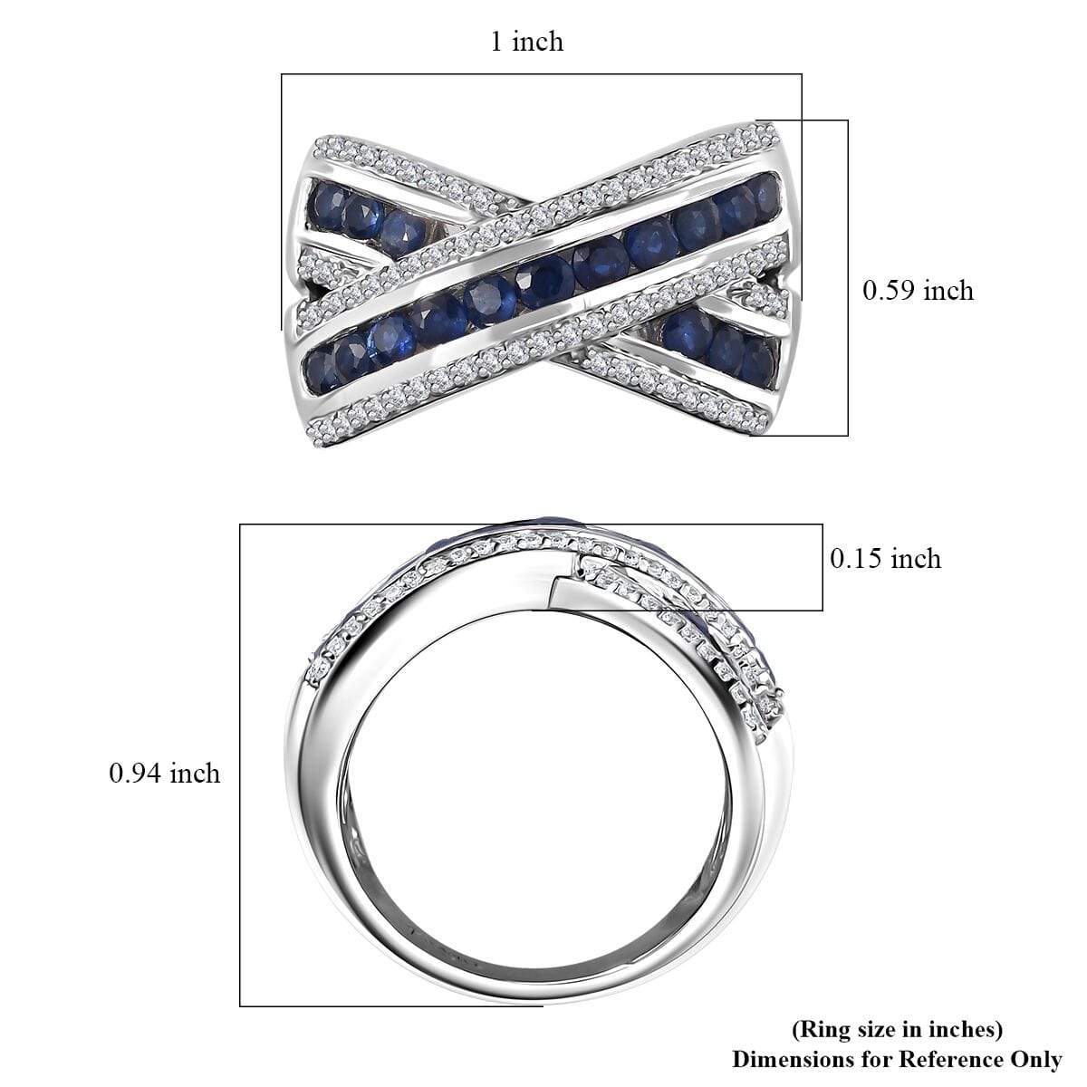 Premium Ceylon Blue Sapphire and White Zircon Criss Cross Ring in Rhodium Over Sterling Silver (Size 7.0) 2.15 ctw image number 5