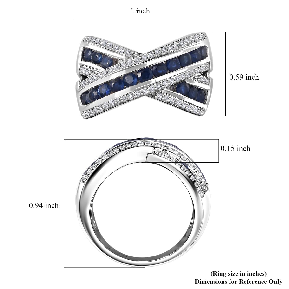 Premium Ceylon Blue Sapphire and White Zircon Criss Cross Ring in Rhodium Over Sterling Silver (Size 9.0) 2.15 ctw image number 5