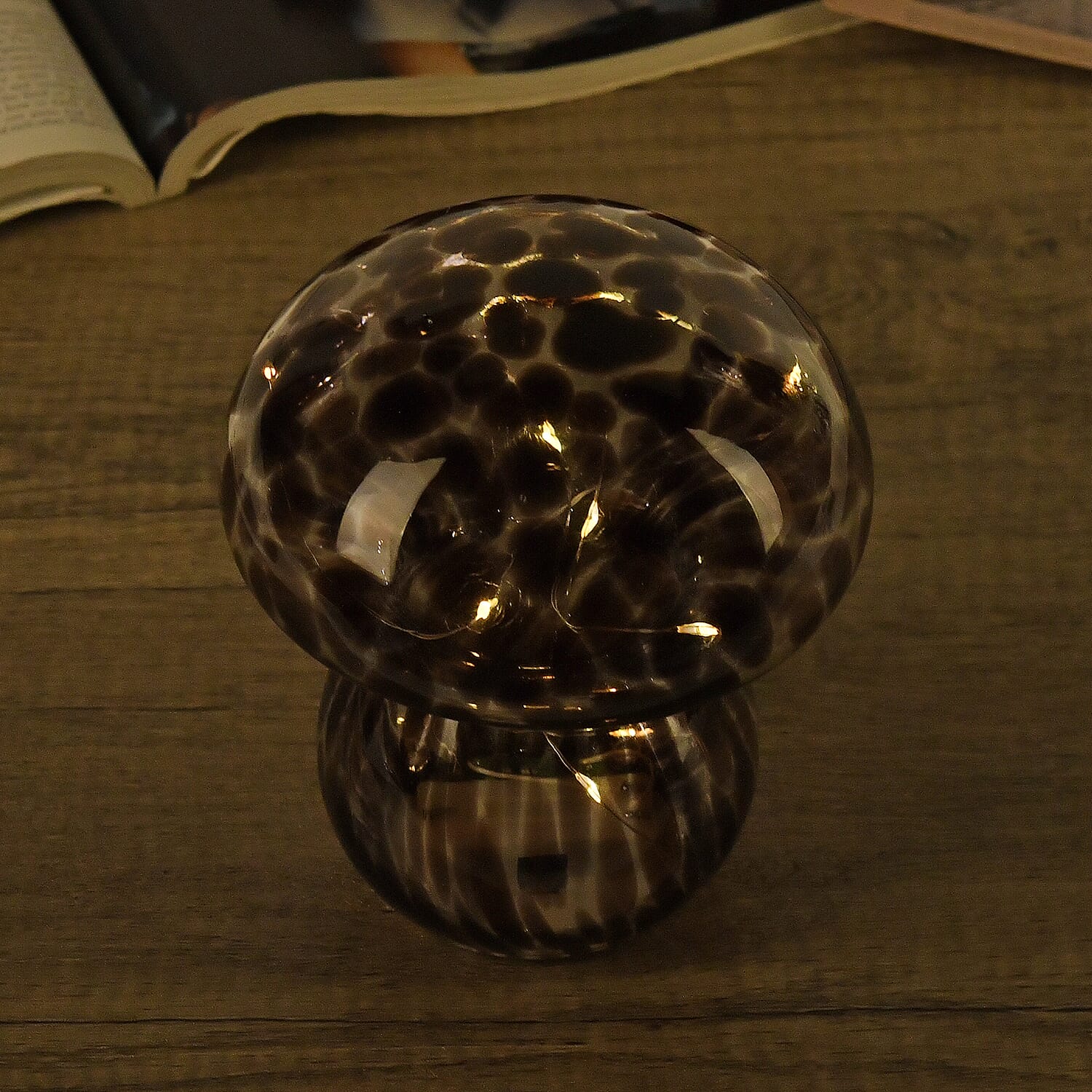 LED Light Beads Cute Brown Glass Mushroom Shape Table Lamp (2xAA Battery Not Included)