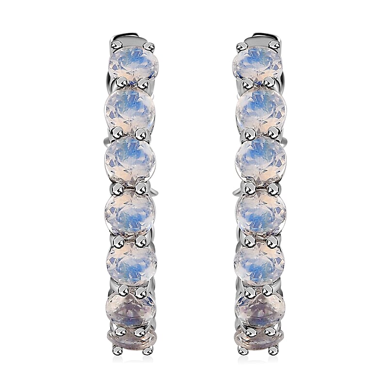 Moon Glow Moonstone Hoop Earrings in Rhodium Over Sterling Silver 2.50 ctw