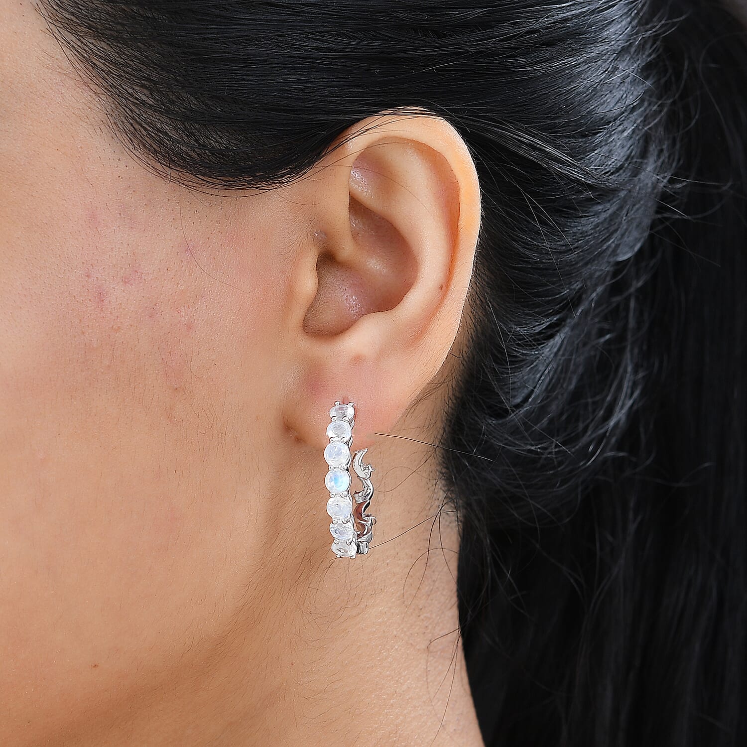 Moon Glow Moonstone Hoop Earrings in Rhodium Over Sterling Silver 2.50 ctw