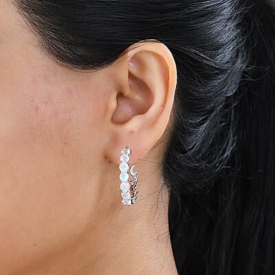 Moon Glow Moonstone Hoop Earrings in Rhodium Over Sterling Silver 2.50 ctw