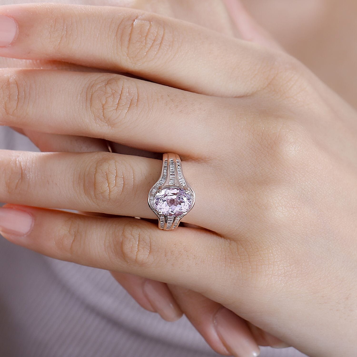 Premium Martha Rocha Kunzite and Diamond 4.35 ctw Cascade Ring in 18K Vermeil Rose Gold Over Sterling Silver (Size 5.0)