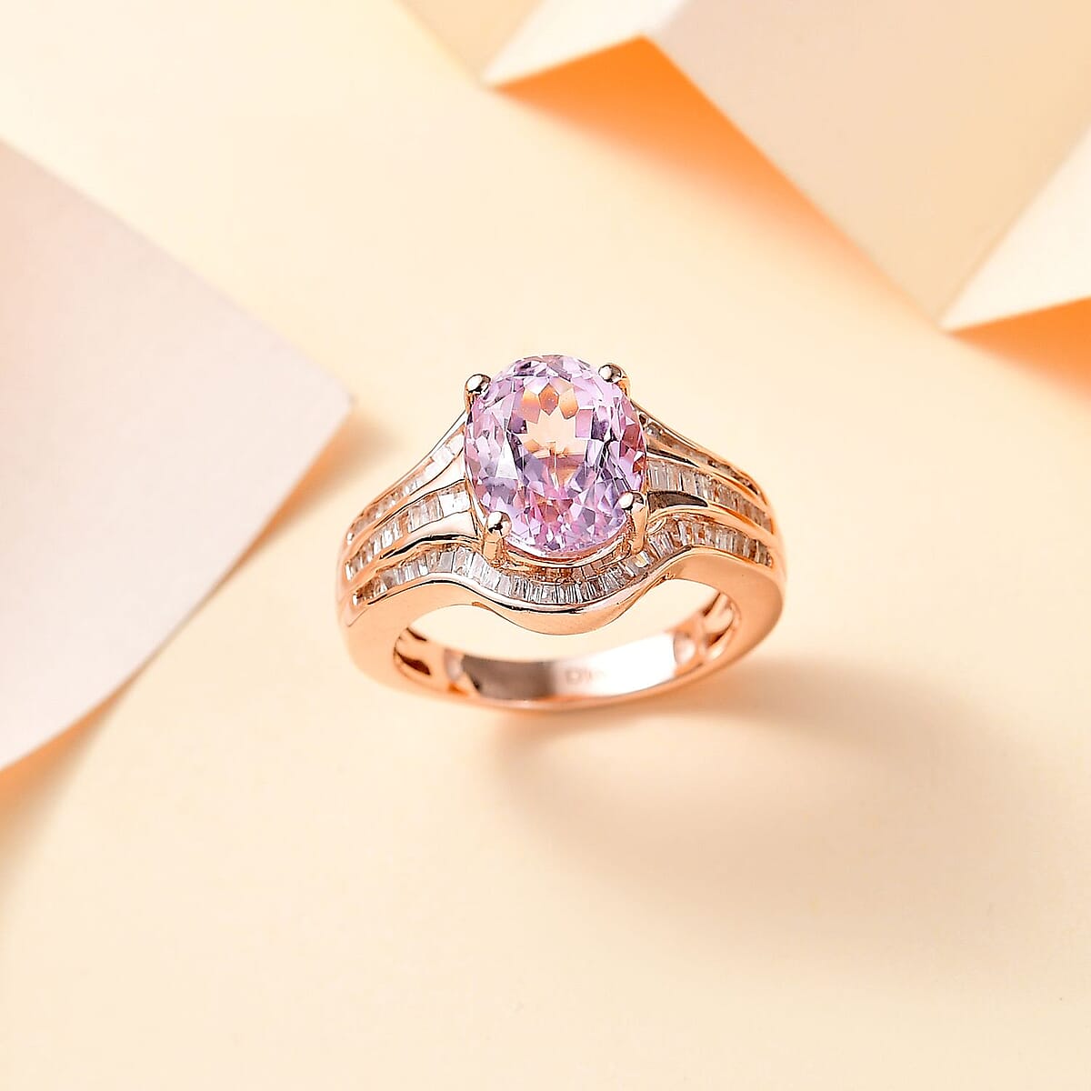 Premium Martha Rocha Kunzite and Diamond 4.35 ctw Cascade Ring in 18K Vermeil Rose Gold Over Sterling Silver (Size 9.0) image number 1