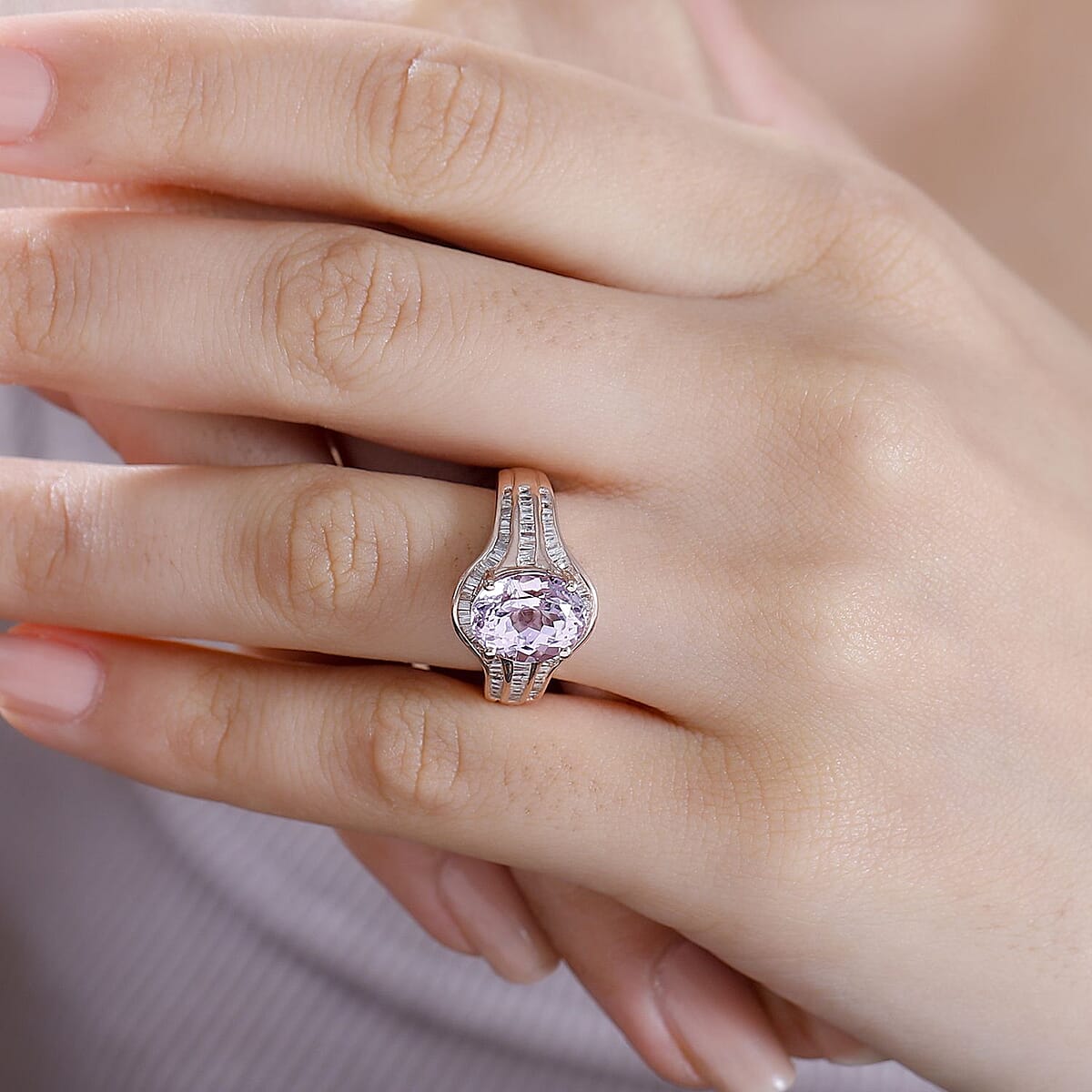 Premium Martha Rocha Kunzite and Diamond 4.35 ctw Cascade Ring in 18K Vermeil Rose Gold Over Sterling Silver (Size 9.0) image number 2