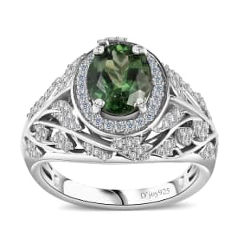 Andranomaro Green Apatite and White Zircon Leaves Ring in Rhodium Over Sterling Silver (Size 6.0) 2.50 ctw