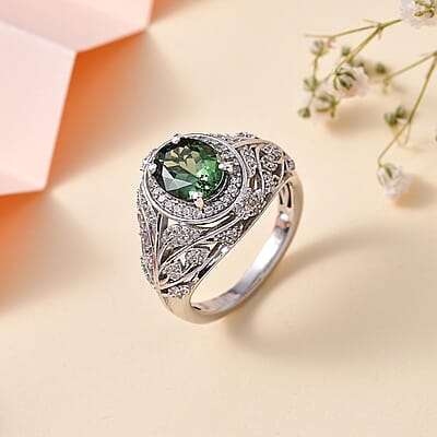 Andranomaro Green Apatite and White Zircon Leaves Ring in Rhodium Over Sterling Silver (Size 6.0) 2.50 ctw