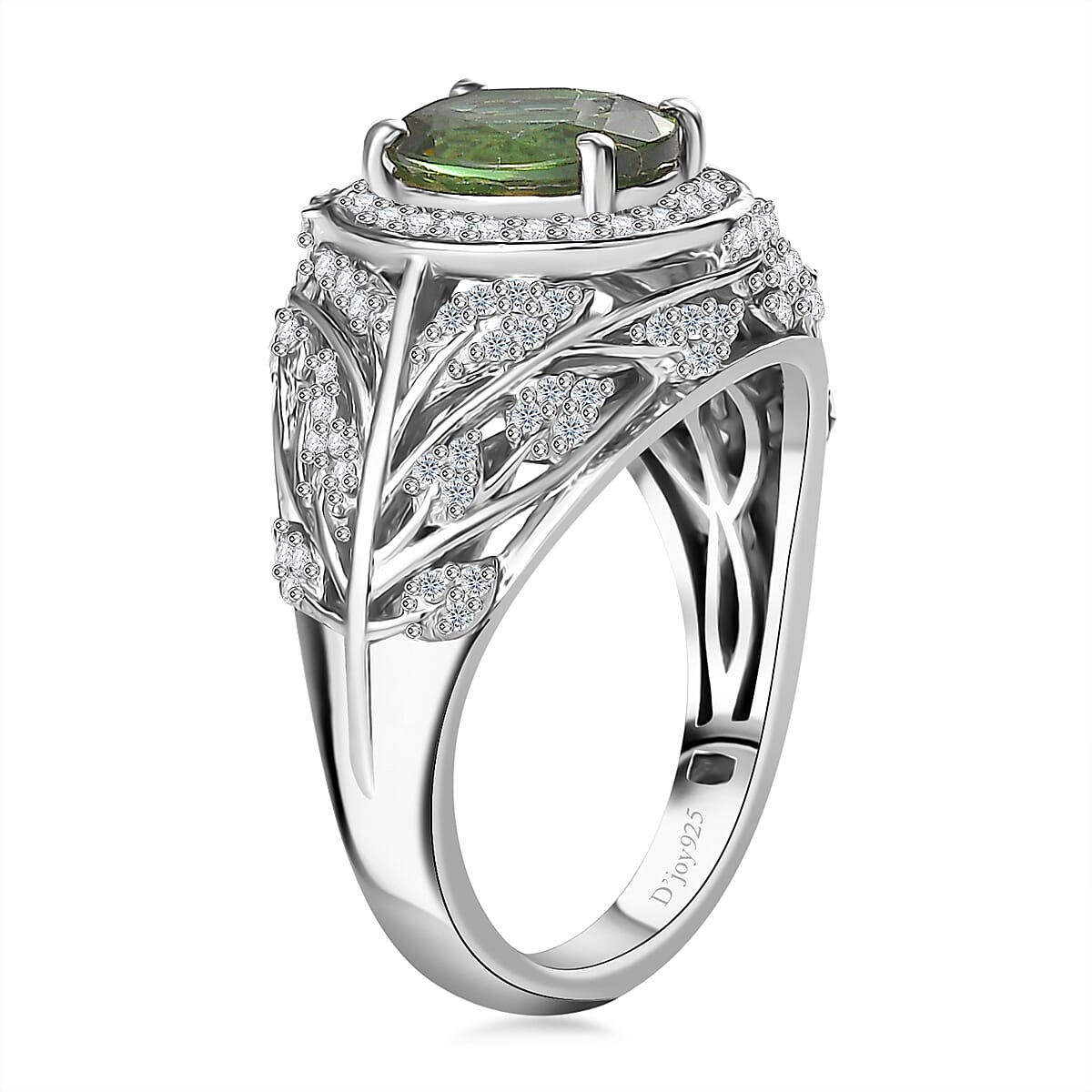 Andranomaro Green Apatite and White Zircon Leaves Ring in Rhodium Over Sterling Silver (Size 6.0) 2.50 ctw