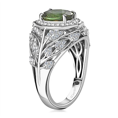 Andranomaro Green Apatite and White Zircon Leaves Ring in Rhodium Over Sterling Silver (Size 6.0) 2.50 ctw