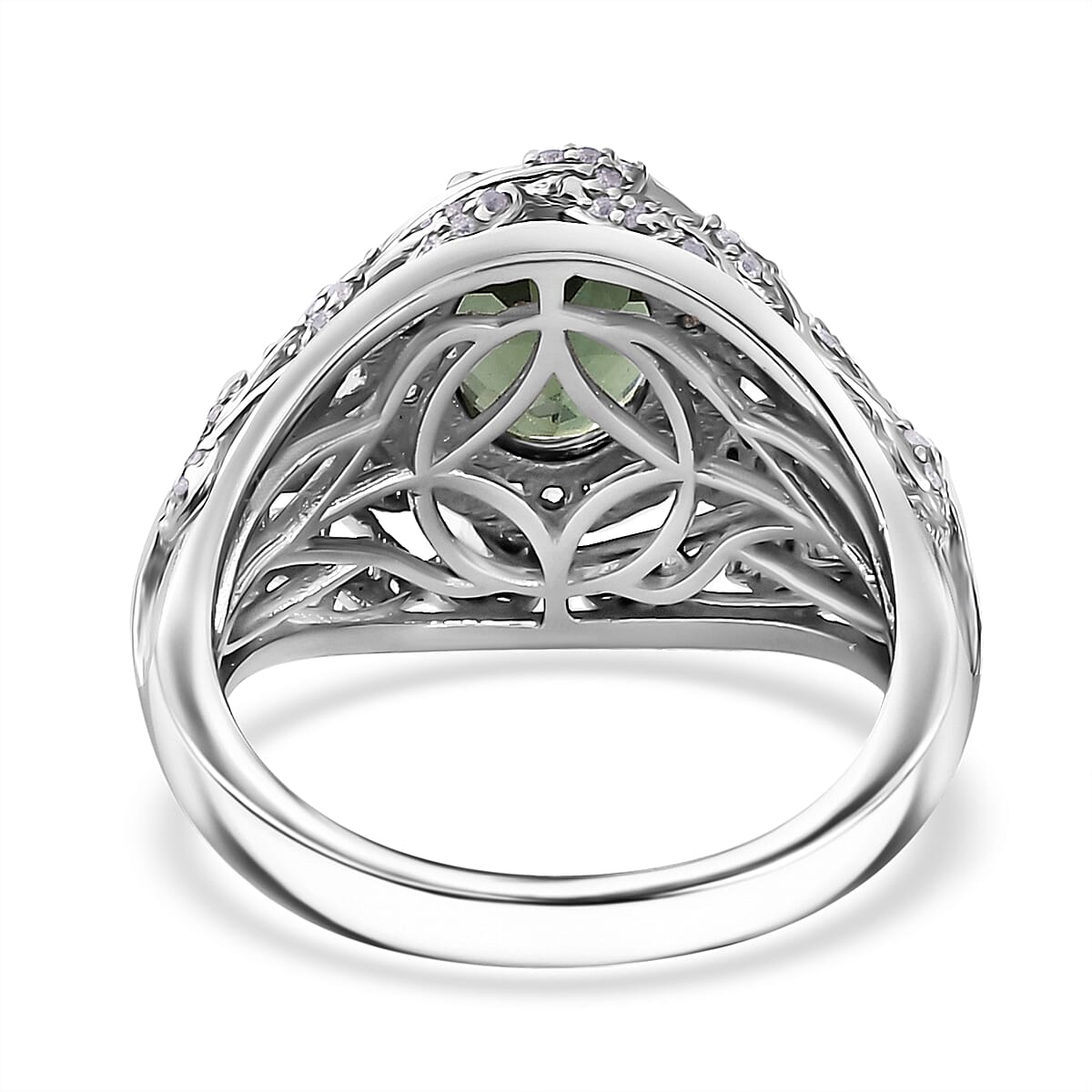 Andranomaro Green Apatite and White Zircon Leaves Ring in Rhodium Over Sterling Silver (Size 6.0) 2.50 ctw
