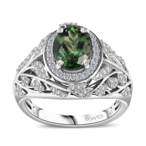 Andranomaro Green Apatite and White Zircon Leaves Ring in Rhodium Over Sterling Silver (Size 7.0) 2.50 ctw