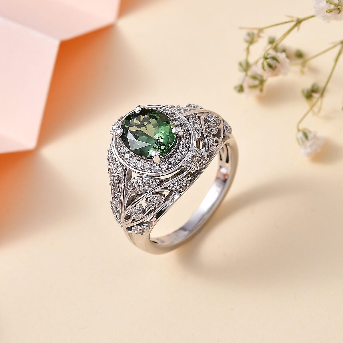 Andranomaro Green Apatite and White Zircon Leaves Ring in Rhodium Over Sterling Silver (Size 9.0) 2.50 ctw image number 1