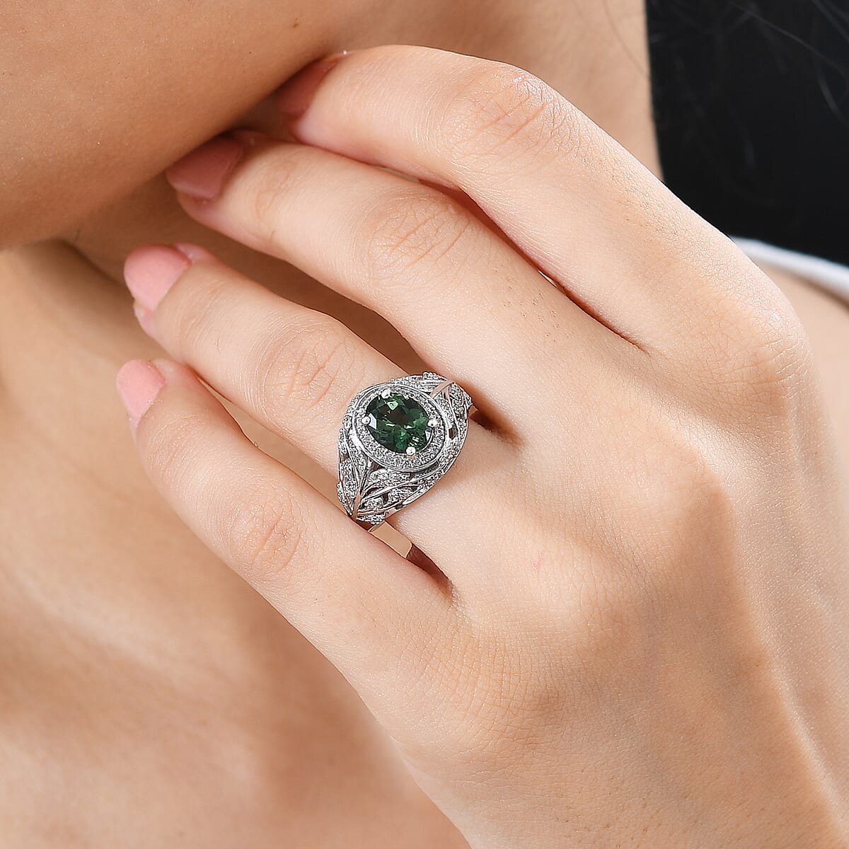 Andranomaro Green Apatite and White Zircon Leaves Ring in Rhodium Over Sterling Silver (Size 9.0) 2.50 ctw image number 2