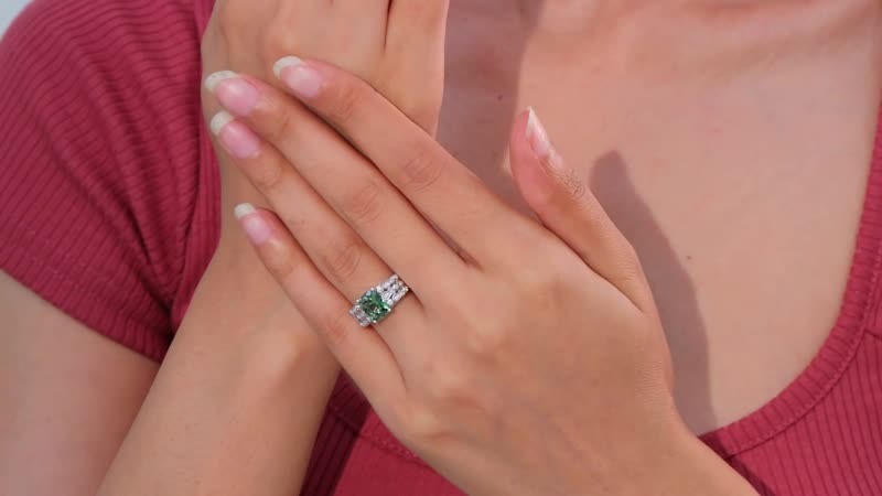Premium Natural Green Apatite and Moissanite Ring in Rhodium Over Sterling Silver 2.50 ctw