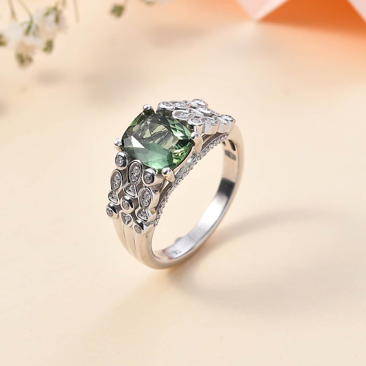 Premium Natural Green Apatite and Moissanite Ring in Rhodium Over Sterling Silver 2.50 ctw image number 1