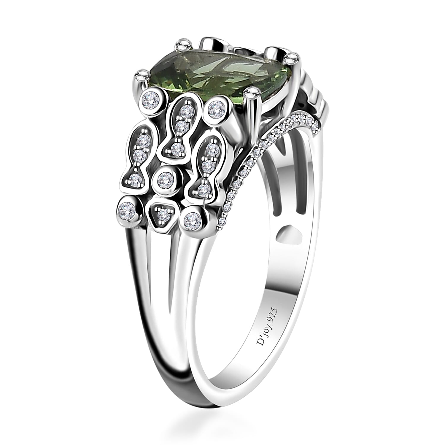 D'Joy Andranomaro Green Apatite and Moissanite Fish and Bubble Ring in Rhodium Over Sterling Silver (Size 6.0) 2.50 ctw
