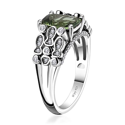 D'Joy Andranomaro Green Apatite and Moissanite Fish and Bubble Ring in Rhodium Over Sterling Silver (Size 6.0) 2.50 ctw