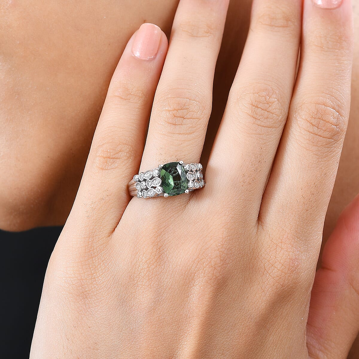 Andranomaro Green Apatite and Moissanite Fish and Bubble Ring in Rhodium Over Sterling Silver (Size 8.0) 2.50 ctw image number 2