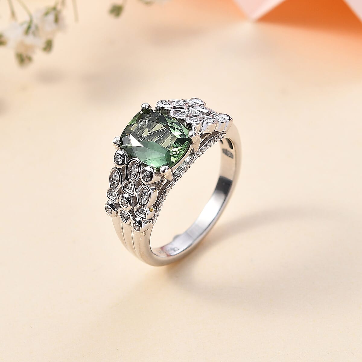 Andranomaro Green Apatite and Moissanite Fish and Bubble Ring in Rhodium Over Sterling Silver (Size 9.0) 2.50 ctw image number 1