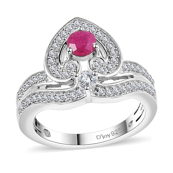 Premium Montepuez Ruby and White Zircon Art Deco Ring in Rhodium Over Sterling Silver (Size 5.0) 1.00 ctw