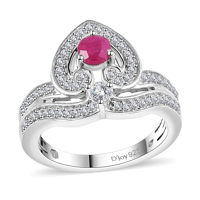 Premium Montepuez Ruby and White Zircon Art Deco Ring in Rhodium Over Sterling Silver (Size 5.0) 1.00 ctw