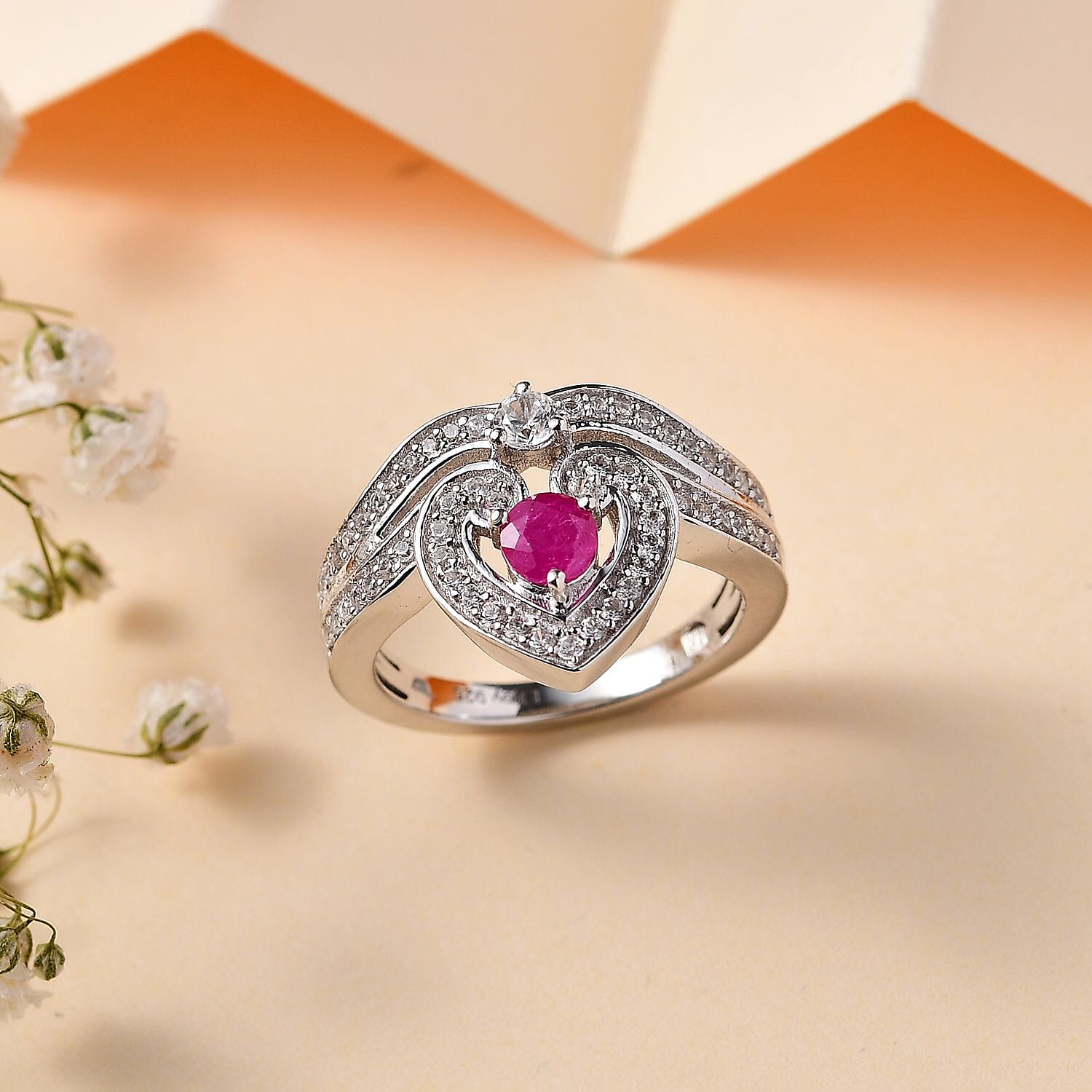 Premium Montepuez Ruby and White Zircon Art Deco Ring in Rhodium Over Sterling Silver (Size 5.0) 1.00 ctw