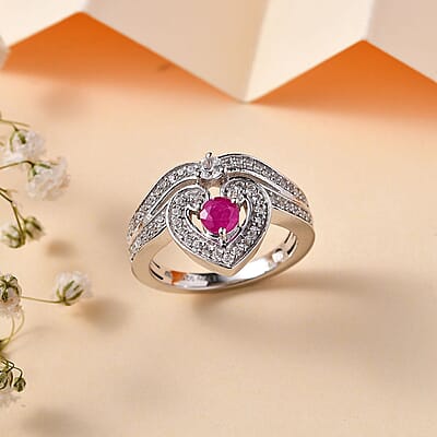 Premium Montepuez Ruby and White Zircon Art Deco Ring in Rhodium Over Sterling Silver (Size 5.0) 1.00 ctw
