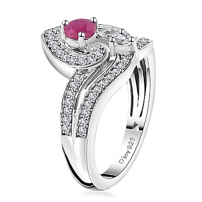 Premium Montepuez Ruby and White Zircon Art Deco Ring in Rhodium Over Sterling Silver (Size 5.0) 1.00 ctw