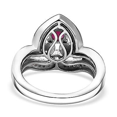 Premium Montepuez Ruby and White Zircon Art Deco Ring in Rhodium Over Sterling Silver (Size 5.0) 1.00 ctw