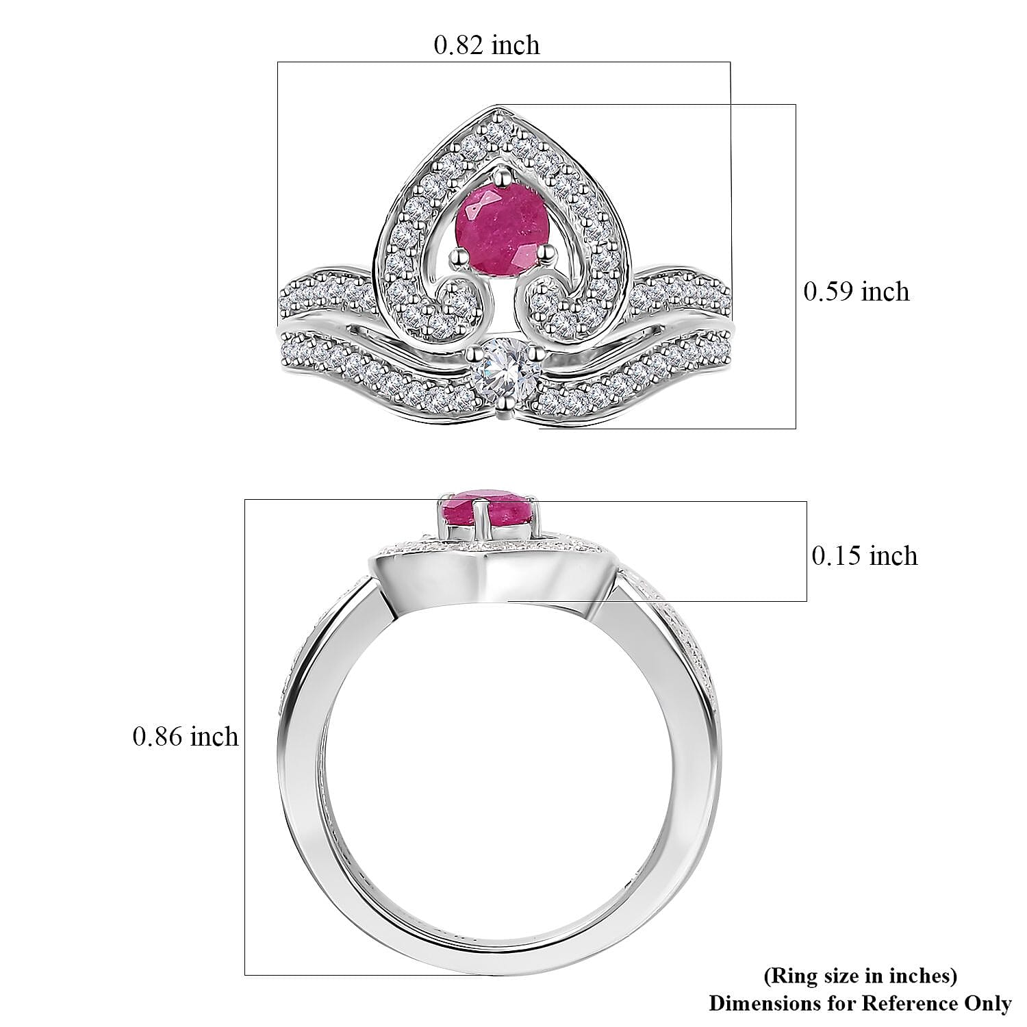 Premium Montepuez Ruby and White Zircon Art Deco Ring in Rhodium Over Sterling Silver (Size 5.0) 1.00 ctw