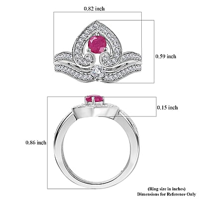 Premium Montepuez Ruby and White Zircon Art Deco Ring in Rhodium Over Sterling Silver (Size 5.0) 1.00 ctw