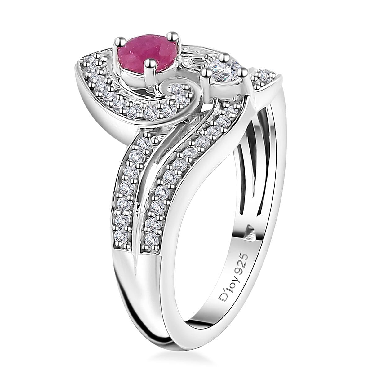 Premium Montepuez Ruby and White Zircon Art Deco Ring in Rhodium Over Sterling Silver (Size 6.0) 1.00 ctw image number 3