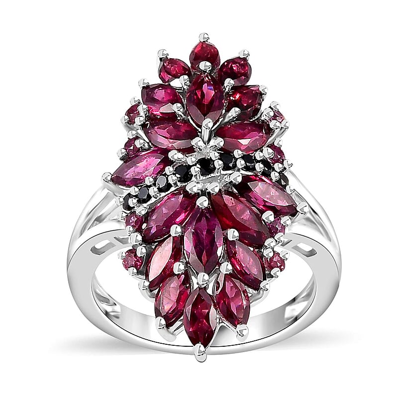 Orissa Rhodolite Garnet and Thai Black Spinel Mums Flower Ring in Rhodium Over Sterling Silver (Size 5.0) 4.65 ctw