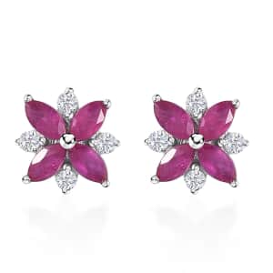 Montepuez Ruby and Moissanite Art Deco Earrings in Rhodium Over Sterling Silver 1.00 ctw