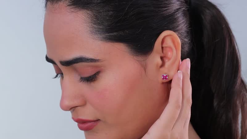 Montepuez Ruby and Moissanite Art Deco Earrings in Rhodium Over Sterling Silver 1.00 ctw