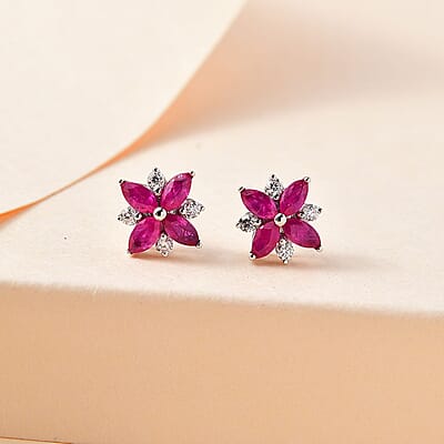 Montepuez Ruby and Moissanite Art Deco Earrings in Rhodium Over Sterling Silver 1.00 ctw