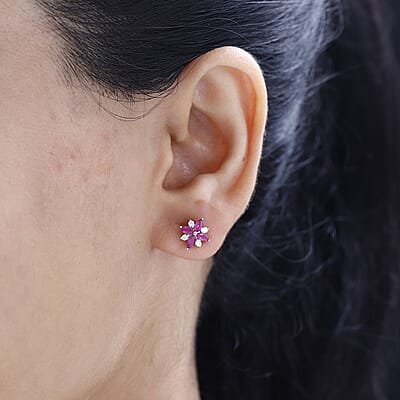 Montepuez Ruby and Moissanite Art Deco Earrings in Rhodium Over Sterling Silver 1.00 ctw