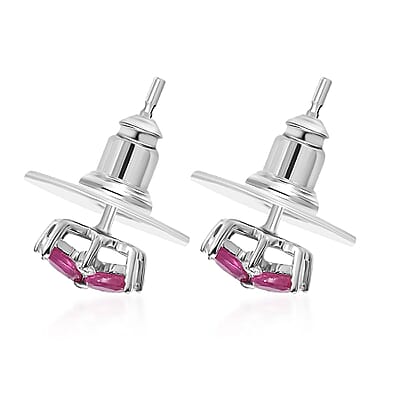 Montepuez Ruby and Moissanite Art Deco Earrings in Rhodium Over Sterling Silver 1.00 ctw