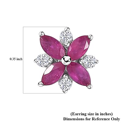 Montepuez Ruby and Moissanite Art Deco Earrings in Rhodium Over Sterling Silver 1.00 ctw