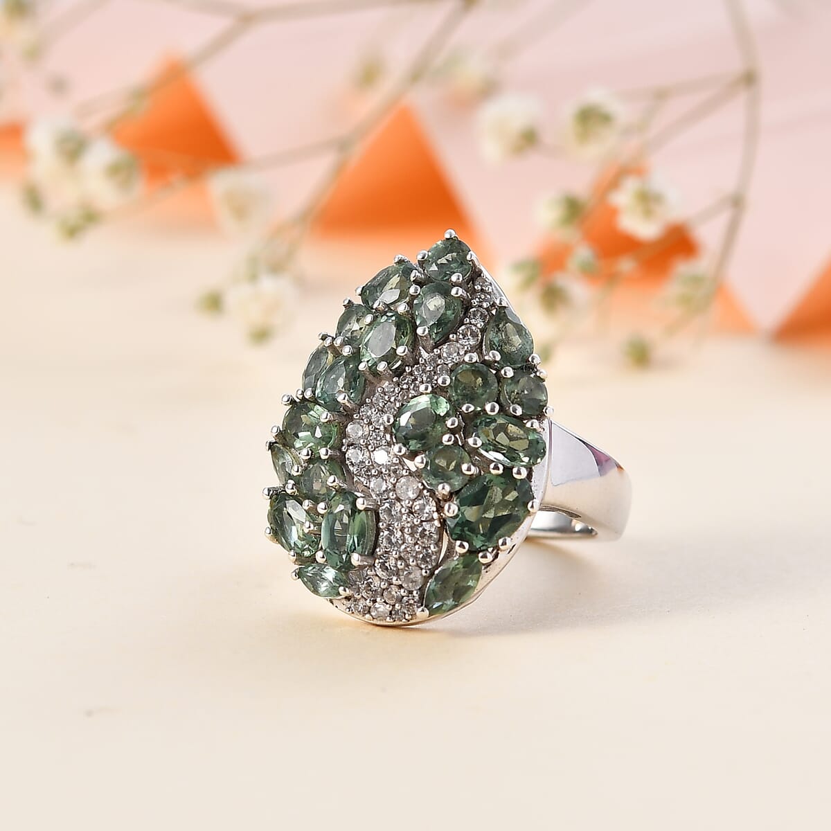 Premium Andranomaro Green Apatite and White Zircon Amazon Rain Forest Ring in Rhodium Over Sterling Silver (Size 6.0) 4.30 ctw image number 1