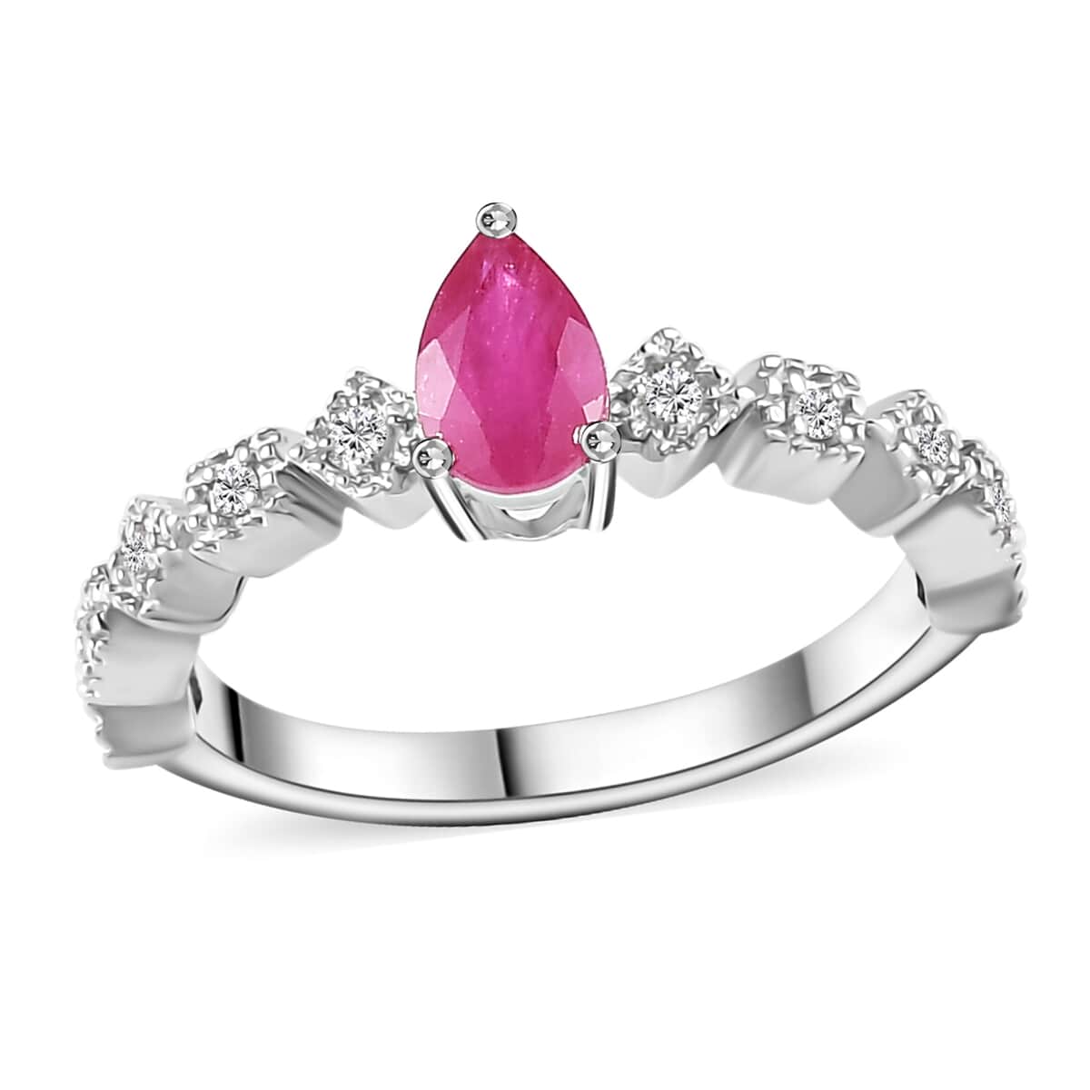 Montepuez Ruby and White Zircon Art Deco Ring in Rhodium Over Sterling Silver (Size 5.0) 0.65 ctw image number 0